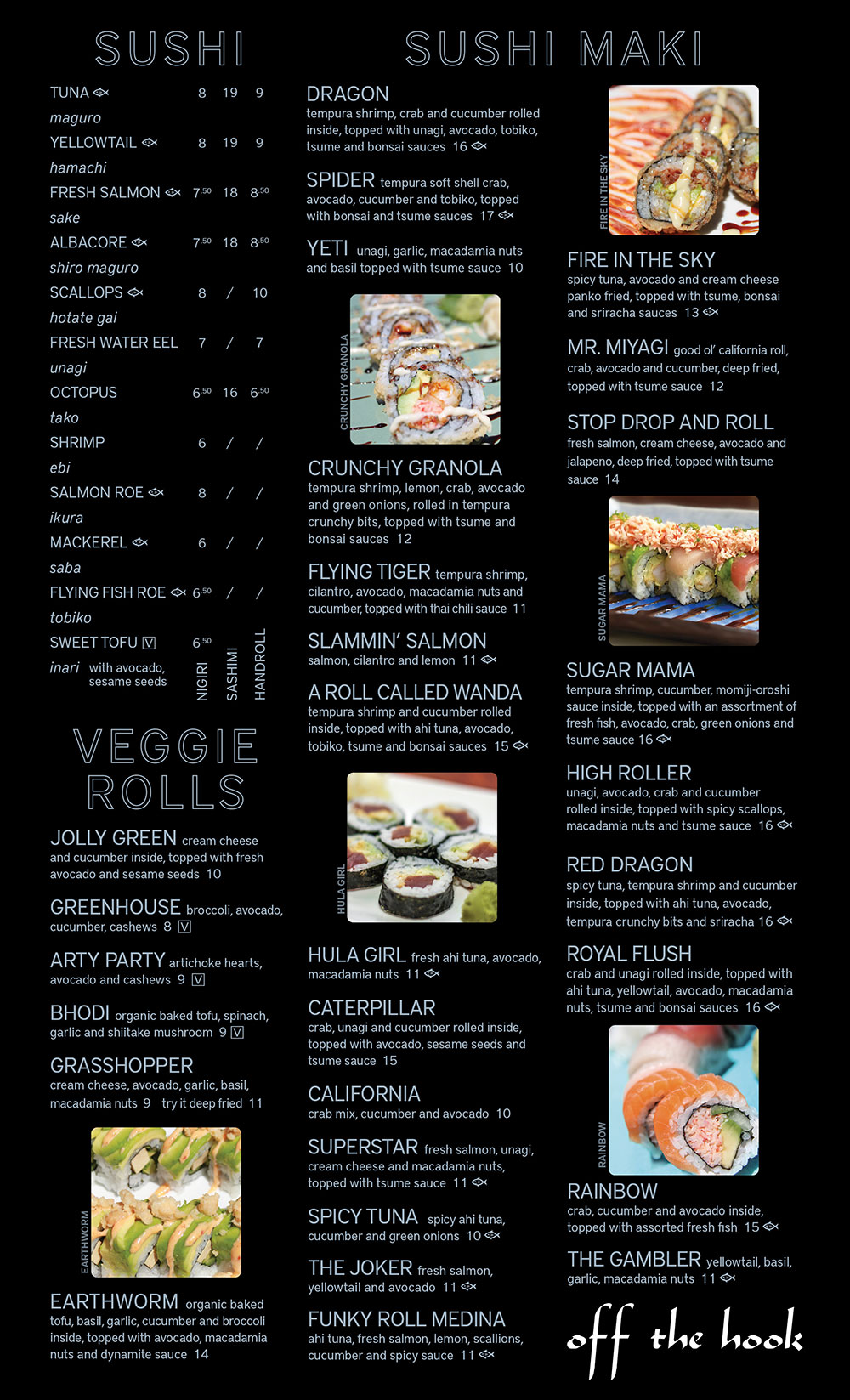 Off the Hook sushi menu design Lake Tahoe